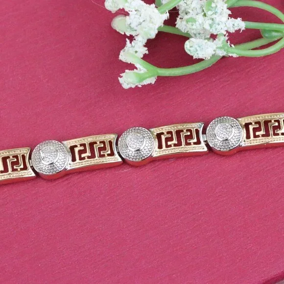 "Greek Key Rose Gold Bracelet with Silver Disc Accents, XPBL0792 - Picture 11 of 12